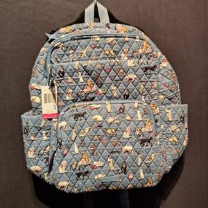 Vera Bradley Light Blue Quilted Backpack with Cat Print
